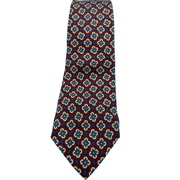 Polo By Ralph Lauren Mens Tie Burgundy Navy Geometric Handcrafted Italian Silk - Picture 2 of 7